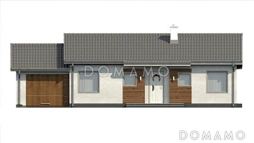 Проект компактного одноэтажного дома из кирпича с тремя спальнями, небольшой крытой террасой и гаражом / Фасад 3