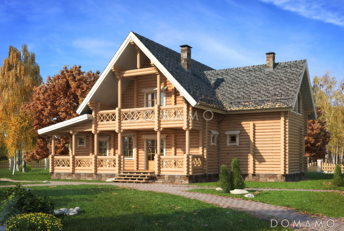 Проект деревянного дома с небольшой парной, просторной террасой и навесом для машины