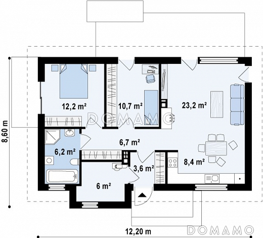 Проект компактного одноэтажного дома из кирпича с современными элементами экстерьера / План 1 этажа