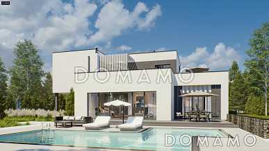 Проект двухэтажного кирпичного дома с террасой, бассейном, гаражом