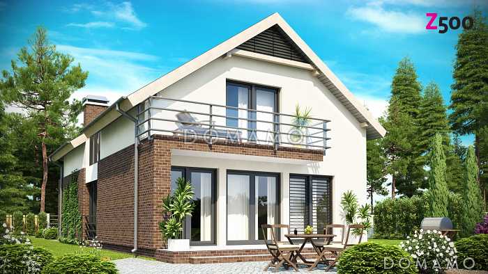 Проект одноэтажного дома из кирпича с мансардным этажом и встроенным гаражом