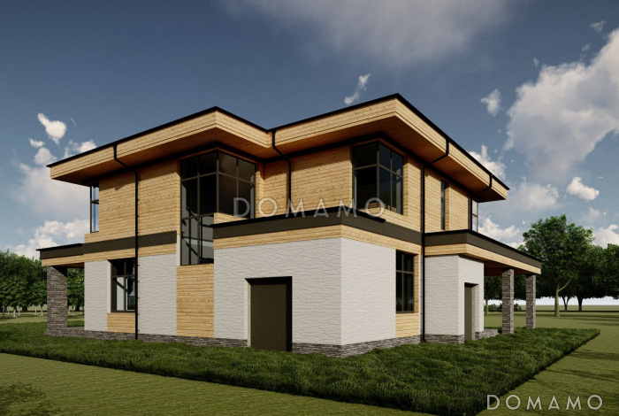 Проект просторного дома с навесом, верандой, сауной, 4 спальнями и кабинетом