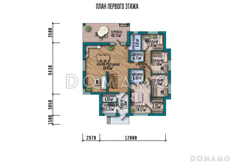 Проект двухэтажной виллы с эксплуатируемой крышей и террасами на втором этаже / План 1 этажа