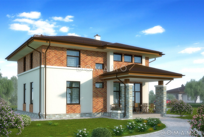 Проект двухэтажного коттеджа с панорамным остеклением на террасу и со вставками красного кирпича