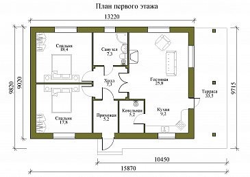 Проект одноэтажного дома с камином в гостиной и крытой террасой / План 1 этажа