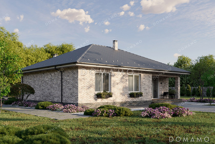 Проект дома с тремя спальнями, окном в ванной комнате и террасой рядом с гостиной