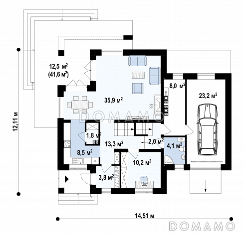 Проект дома с подвалом, гаражом, террасой, кладовой на кухне, балконом / План 1 этажа