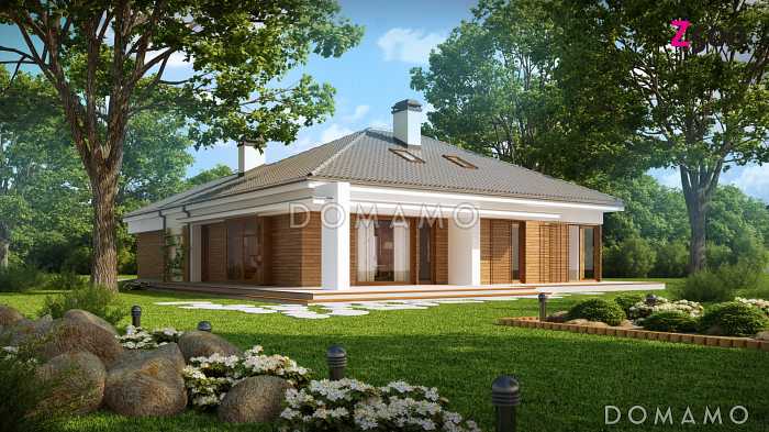 Проект одноэтажного дома из кирпича со свободной планировкой на мансардном этаже и с большим гаражом и техническим помещением