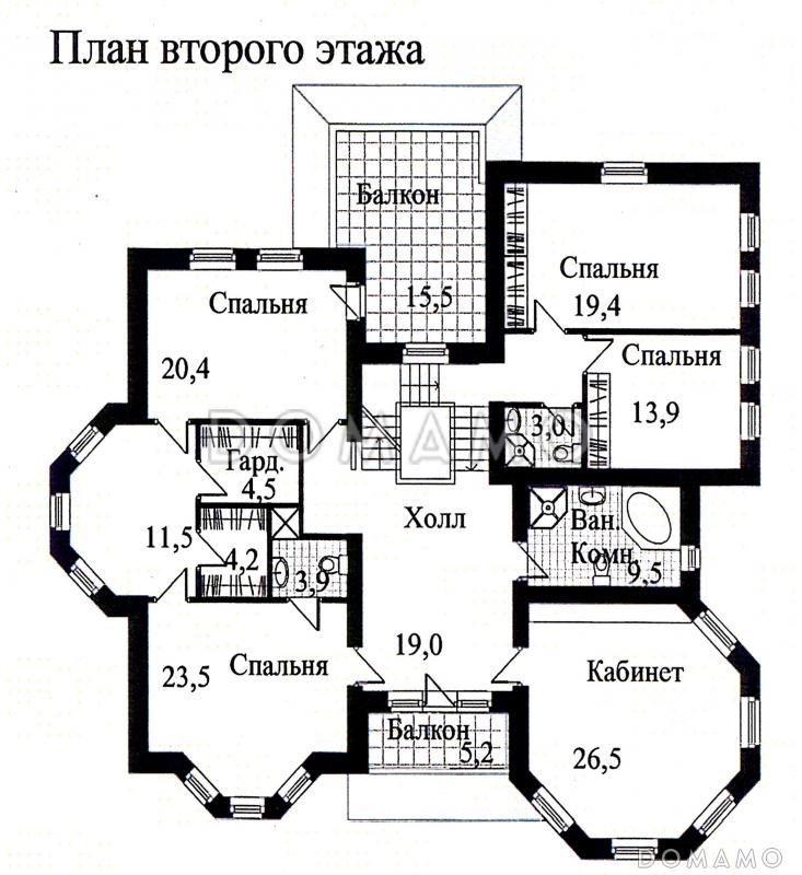 Проект дома из кирпича с необычной в плане каминной комнатой / План 2 этажа