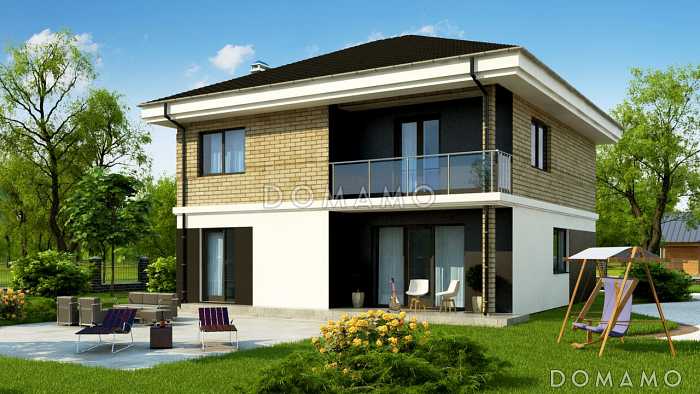 Проект современного двухэтажного дома из кирпича с четырьмя комнатами, большим тех помещением и балконом