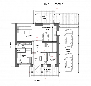 Проект двухэтажного дома с 3 спальнями, кабинетом и автонавесом / План 1 этажа
