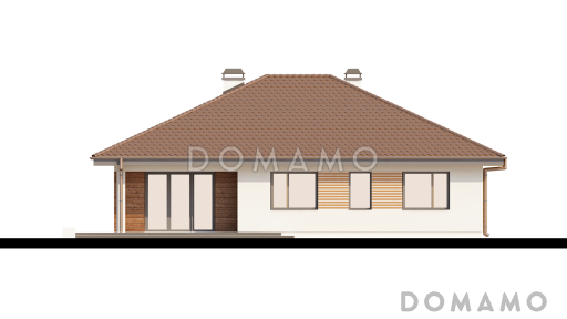 Проект одноэтажного дома из кирпича с большим гаражом и техническим помещением и частично крытой угловой террасой / Фасад 1