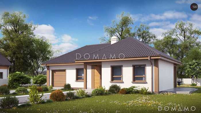 Проект небольшого одноэтажного дома из кирпича с тремя спальнями, красивой угловой террасой и гаражом