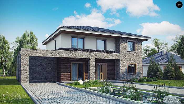 Проект двухэтажного загородного дома с комнатой отдыха, сауной, террасами, кладовой