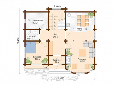 Проект просторного дома из клееного бруса / План 1 этажа