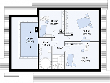 Проект просторного одноэтажного мансардного дома из газобетона с кабинетом, гаражом и комнатой над ним / План мансардного этажа