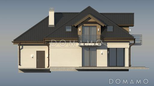 Проект одноэтажного мансардного дома из кирпича с кабинетом, гаражом и тремя балконами / Фасад 2