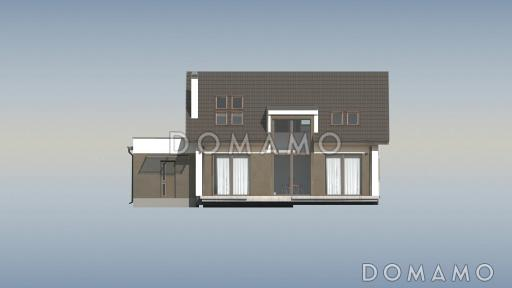 Проект одноэтажного коттеджа из газобетона с мансардным этажом со вторым светом, большим панорамным окном и гаражом  / Фасад 1