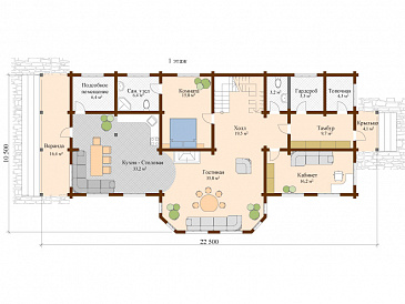Проект двухэтажного дома из клееного бруса с общим балконам на две спальни / План 1 этажа