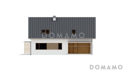 Проект одноэтажного мансардного дома из кирпича с кабинетом, открытой угловой террасой и гаражом / Фасад 2