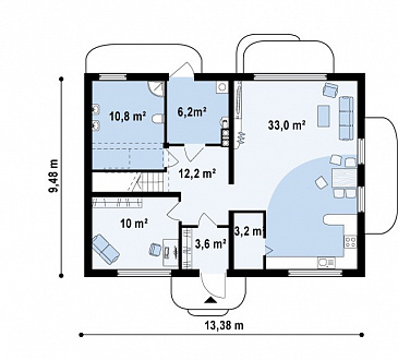 Проект простого компактного двухэтажного коттеджа из газобетона с кабинетом / План 1 этажа