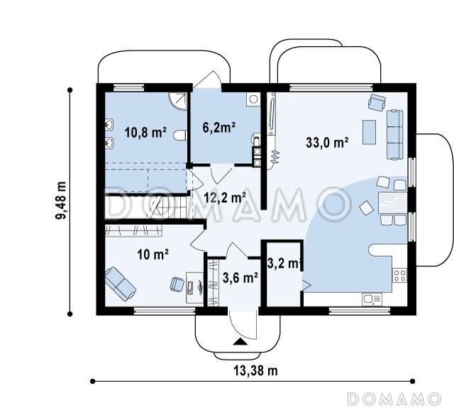 Проект простого компактного двухэтажного коттеджа из газобетона с кабинетом / План 1 этажа