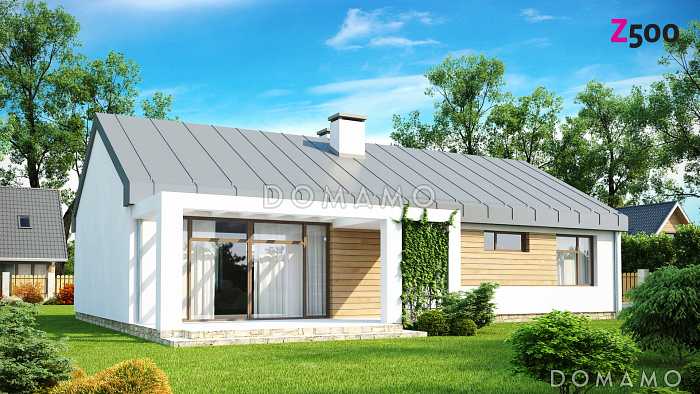 Проект одноэтажного загородного дома с просторной кладовой на кухне, террасой, ванной с окном