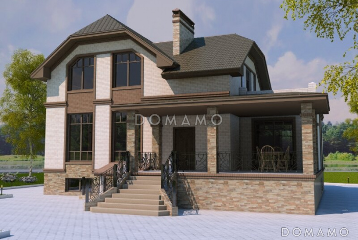 Проект двухэтажного дома с эркером и цокольным этажом, с винтовой лестницей