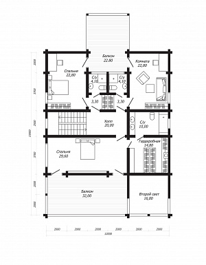 Проект дома из клееного бруса с двумя навесными балконами / План 2 этажа
