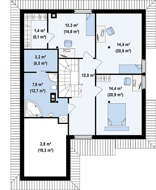 Проект мансардного дома из газобетона с кабинетом, гаражом и техническим помещением / План мансардного этажа