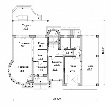 Проект коттеджа с круглой гостиной, гаражом и навесом / План 1 этажа