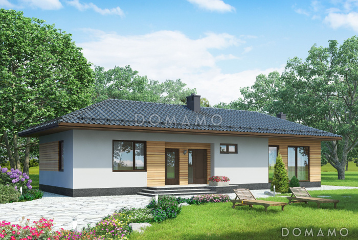 Проект одноэтажного дома по технологии ЛСТК с большими окнами в гостиной