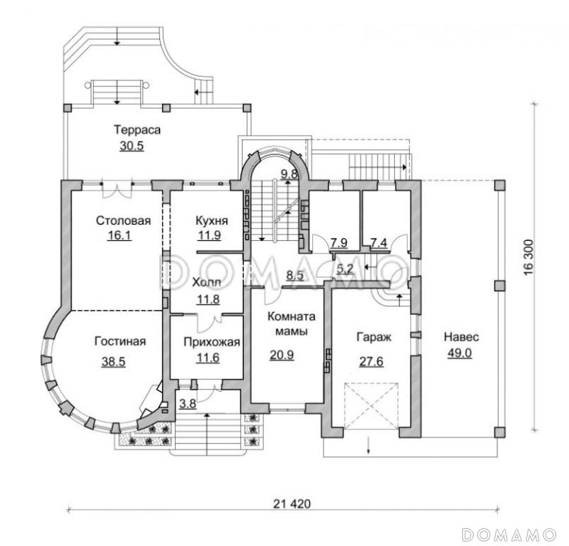 Проект коттеджа с круглой гостиной, гаражом и навесом / План 1 этажа