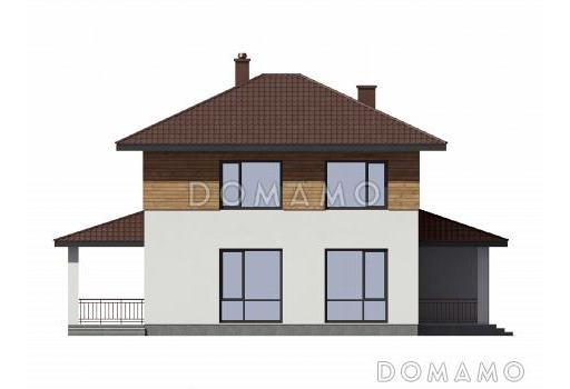 Проект двухэтажного дома с гаражом, террасой и тремя спальнями на втором этаже / Фасад 2