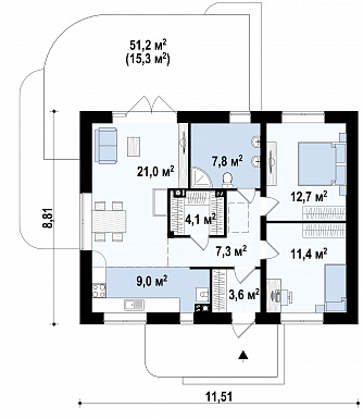 Проект компактного одноэтажного дома из газобетона с двумя спальнями и большой угловой открытой террасой  / План 1 этажа