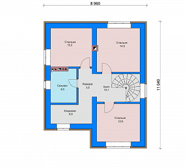 Проект загородного дома с винтовой лестницей на мансардный этаж, раздельным санузлом, террасой  / План мансардного этажа