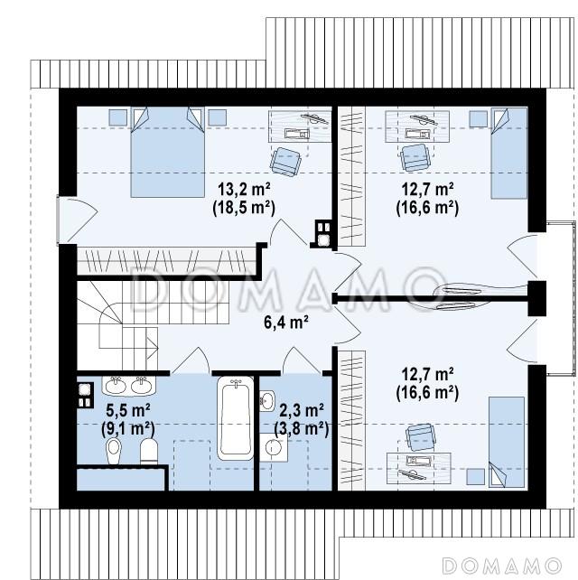 Проект классического мансардного дома из кирпича с кабинетом и большим техническим помещением / План мансардного этажа