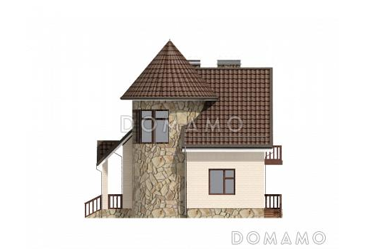 Проект дома с башней, окнами в пол на веранде, с балконом и лоджией / Фасад 1