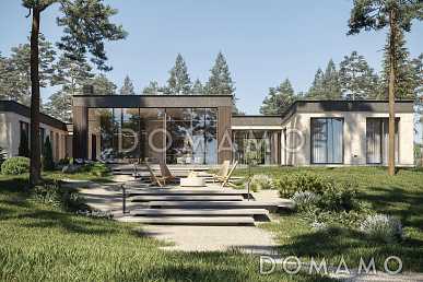 Проект кирпичного одноэтажного дома с 4 спальнями, верандой, баней и тренажерным залом