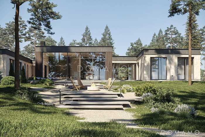 Проект кирпичного одноэтажного дома с 4 спальнями, верандой, баней и тренажерным залом