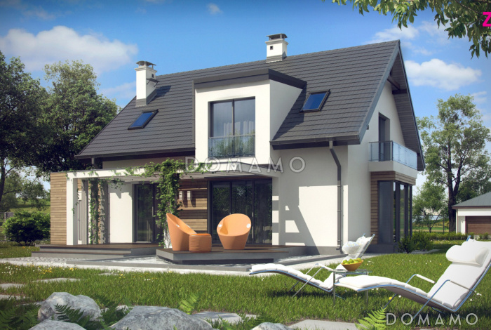 Проект одноэтажного мансардного дома из газобетона с остеклённым прямоугольным эркером, панорамными окнами на мансарде и гаражом 