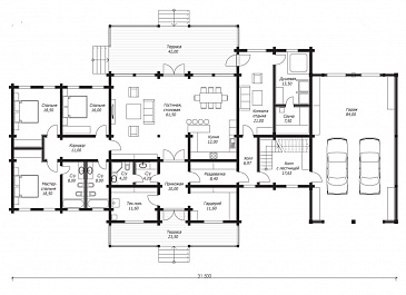 Проект большого дома из клееного бруса с гаражом на два авто / План 1 этажа