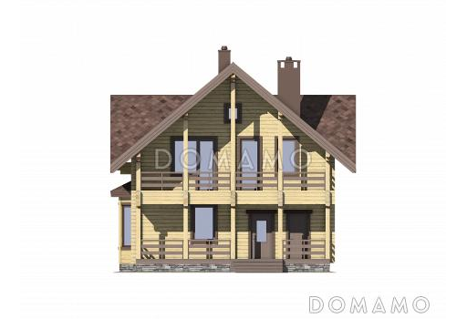 Проект деревянного дома из бруса с мансардой и просторными террасами / Фасад 1