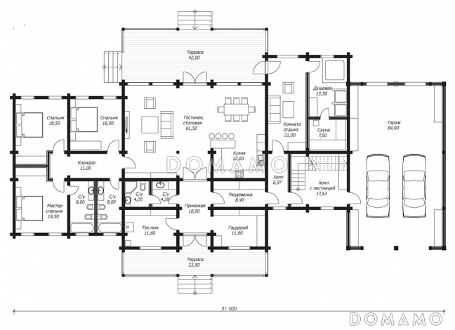 Проект большого дома из клееного бруса с гаражом на два авто / План 1 этажа