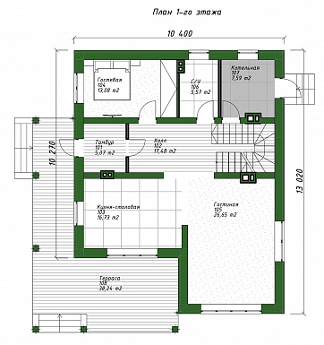 Проект двухэтажного дома с тремя спальнями наверху и одной внизу, крытой террасой и котельной / План 1 этажа