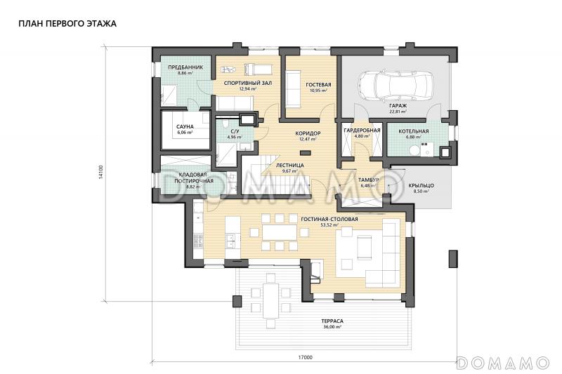 Проект кирпичного дома барнхаус с 3 спальнями на мансарде, сауной и тренажерным залом / План 1 этажа