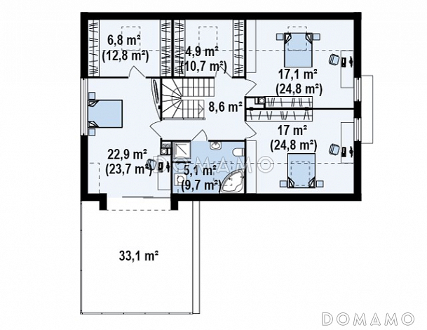 Проект просторного современного мансардного дома из газобетона с пятью комнатами, эркером и террасой над гаражом / План мансардного этажа