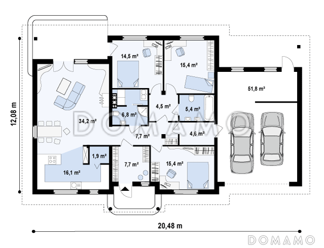Проект просторного одноэтажного дома из кирпича с гаражом тремя спальнями / План 1 этажа