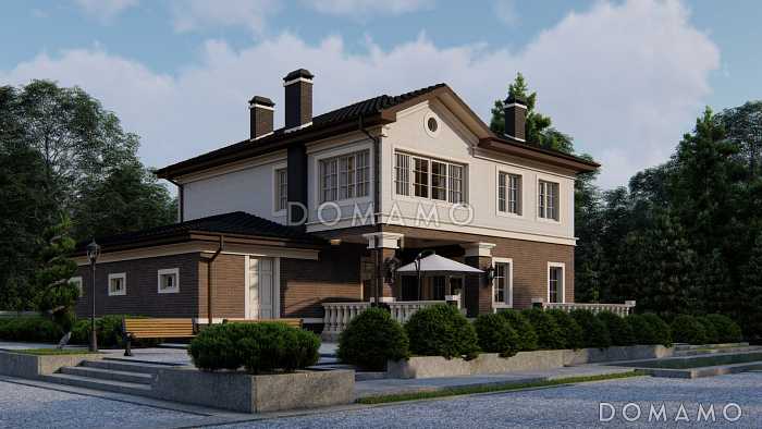 Проект дома с мастер-спальней с выходом на террасу, гостиной с камином, кладовой, гаражом