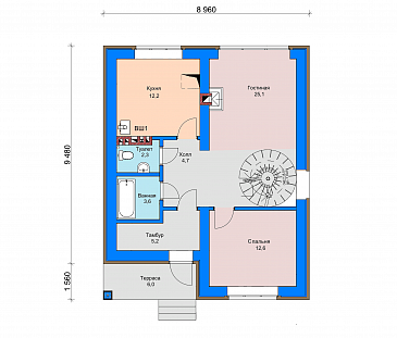Проект загородного дома с винтовой лестницей на мансардный этаж, раздельным санузлом, террасой  / План 1 этажа